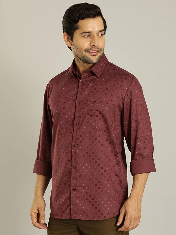 Indian Terrain Men's Slim Fit Full Sleeve All Over Print Maroon Shirt